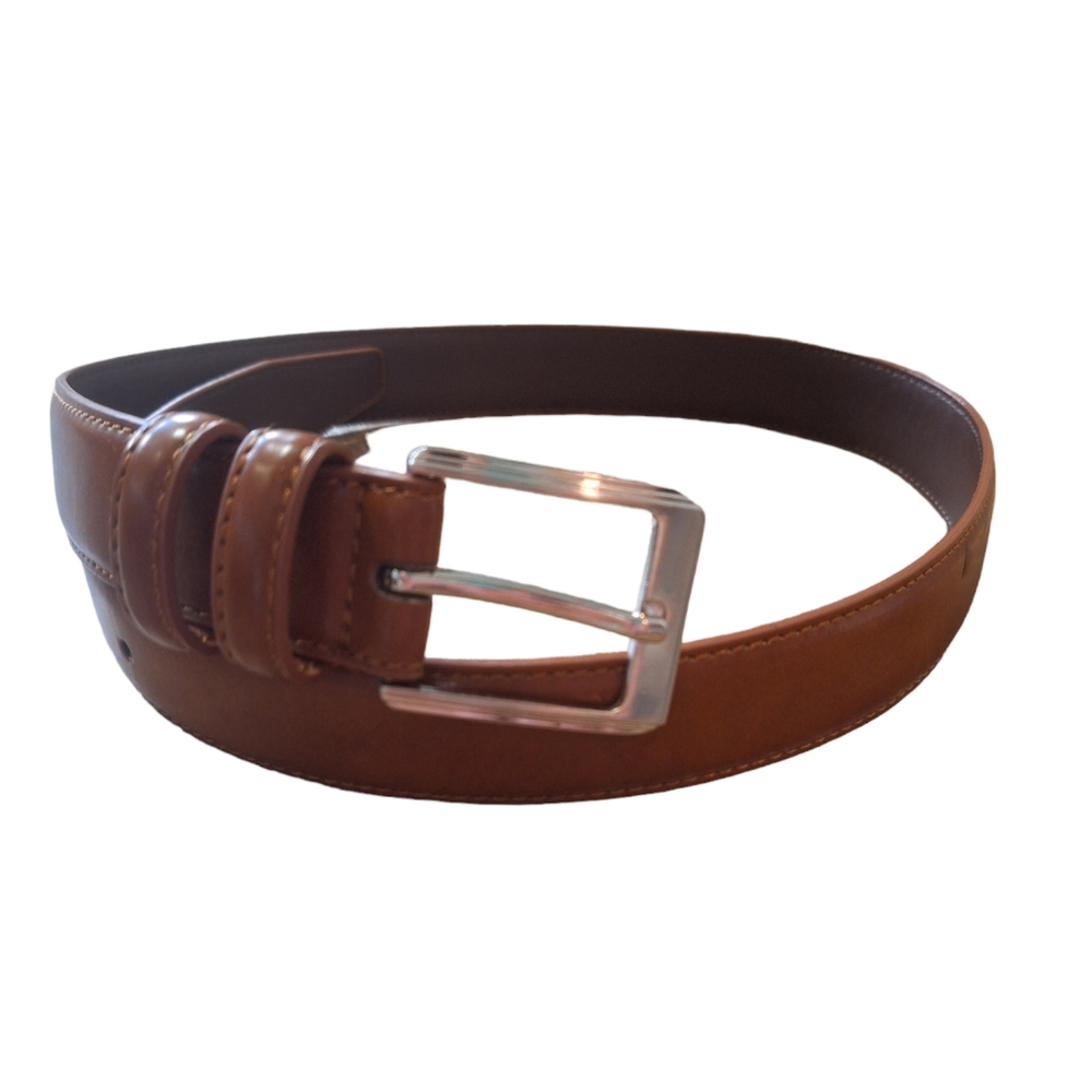 Brown Leather Belt with Silver Tone Buckle & Tapered End, Sz L, 37" Long